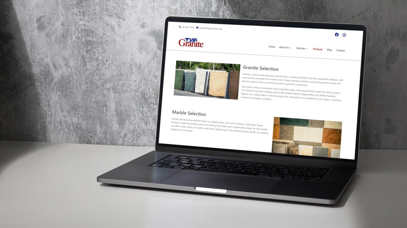 Apresentação visual do site desenvolvido para a Vip Granite